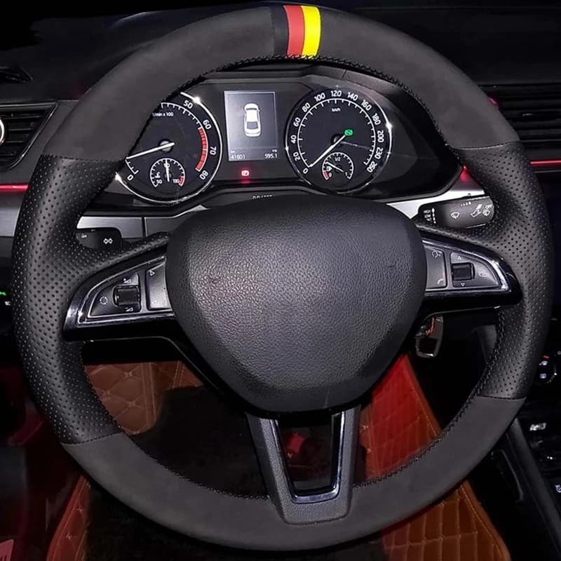 Cuir suédé véritable noir cousu à la main, pour Skoda Citigo 2013 – 2019 Fabia 2013 – 2019 Karoq 2017 – 2019 Roomster 2013 – 2016