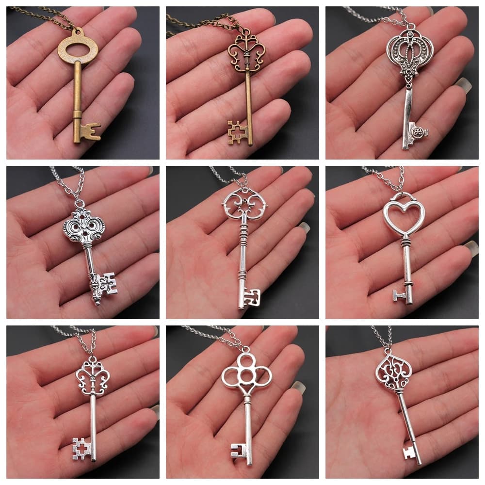 2 couleurs Antique couleur argent Antique Bronze couleur Vintage clé pendentif collier pour femmes longue chaîne en métal chaîne collier