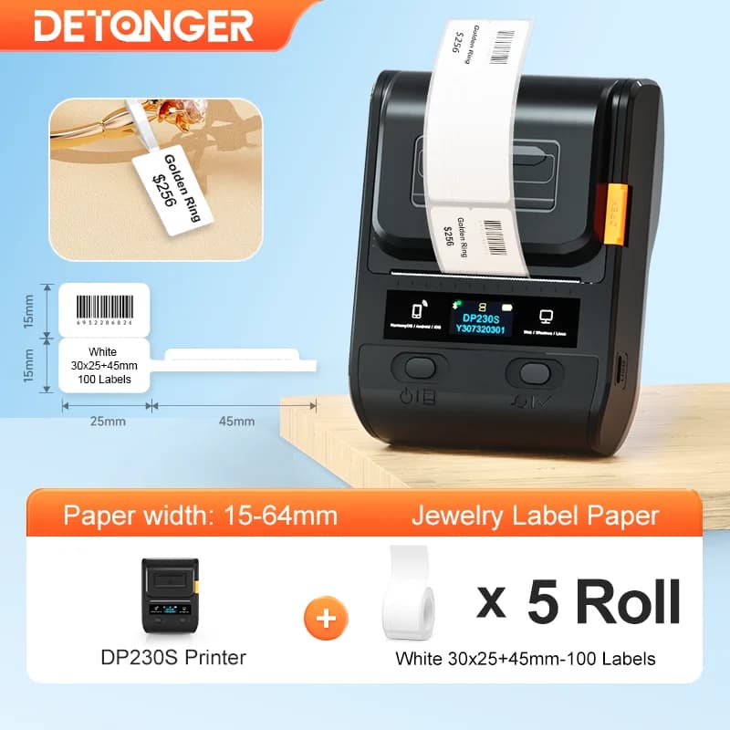 Imprimante d'étiquettes thermiques DETONGER DP230S 15-64 mm avec 5 rouleaux de papier, mini-imprimante multifonctionnelle adhésive pour codes-barres manuels