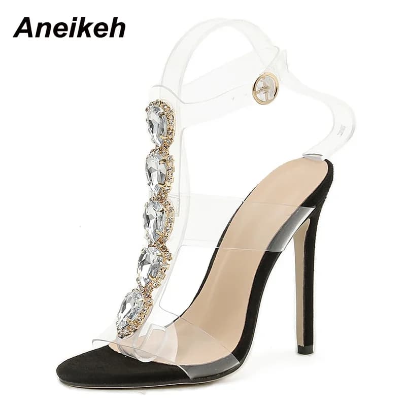 Aneikeh Style doux strass décoration bout pointu talon mince femmes chaussure de fête mode PVC cheville boucle sangle sandale