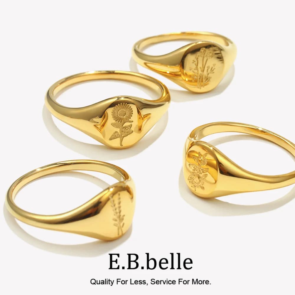 E.B.belle – bagues en acier inoxydable plaqué or 18 carats, sans ternissement, gravure de feuilles de thé aux fleurs sauvages, lavande, tournesol, chevalière pour femmes