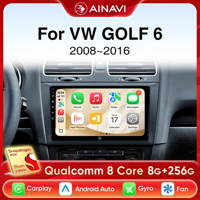 Ainavi-Autoradio Android Carplay sans fil, 4G DSP, 48EQ, 2 Din, Limitation de voiture, Volkswagen VW Golf 6 MK6 GTI 2008-2016