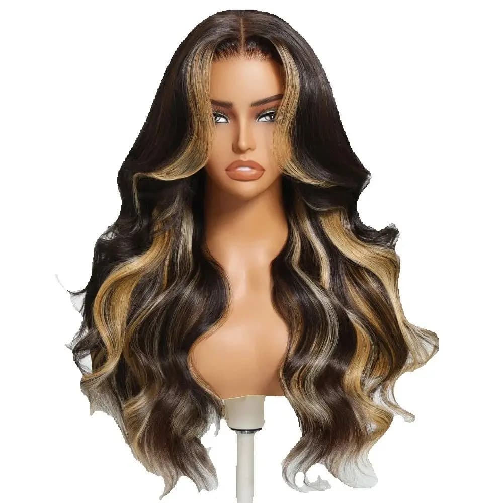 UNice 7x5 Bye-Bye Knot TM Perruque en cheveux humains ondulée lâche marron avec mèches caramel et frange encadrante, sans colle