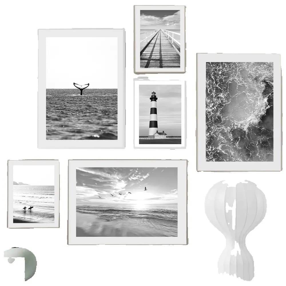 Affiche d'art mural de phare de baleine de plage de mer noir et blanc, toile de paysage imprimée, peinture d'art nordique, images modernes, décoration de maison