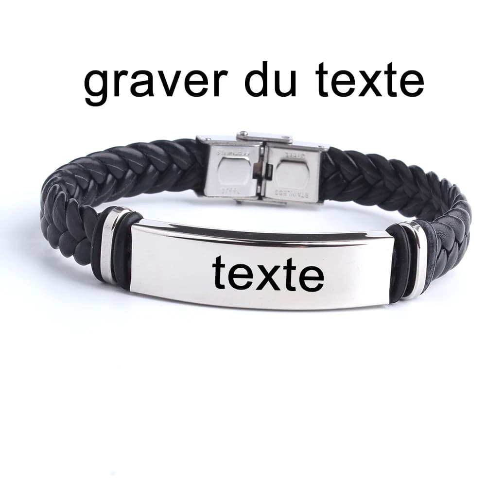 Bracelet en cuir et acier inoxydable personnalisé avec logo et texte gravés, style punk SOS, pour femmes et hommes, bracelet d'identification.