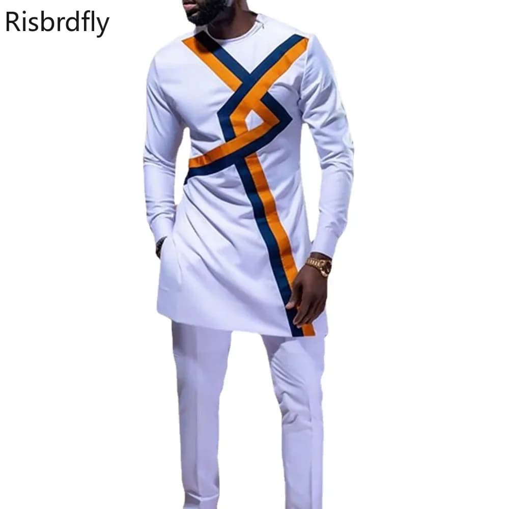 Chemises à col rond pour hommes, style africain, blanc, grande taille, manches longues, vêtements pour hommes, nouvelle arrivée, 2021