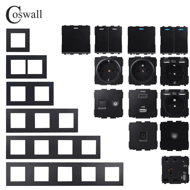 COSWALL – panneau PC noir série E20, interrupteur mural, prise ue française, chargeur USB compatible HDMI, Modules TV RJ45 femelle, bricolage