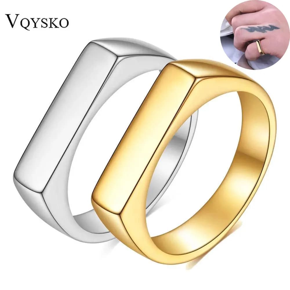 Bague chevalière à bande carrée et dessus plat, couleur argent oxydé, acier inoxydable, Vintage rustique, bijoux pour femmes et hommes
