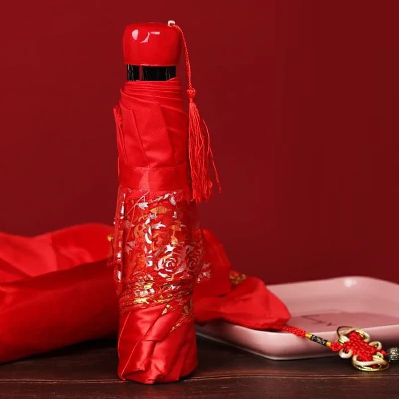 Parapluie pliant en dentelle pour filles, imprimé rose rouge, parapluie de mariée, mode Apollo, décoration de mariage chinois, parapluie pour dames