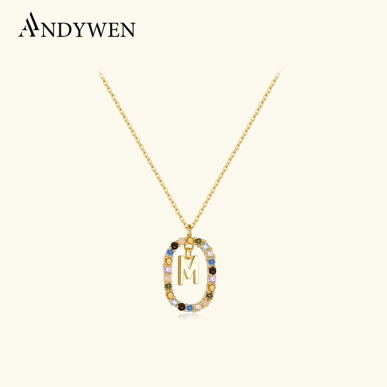 ANDYWEN 925 argent Sterling or initiale C Alphabet lettre E F R pendentif longue chaîne collier 2021 femmes arc-en-ciel CZ bijoux
