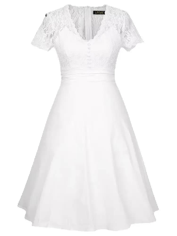 Robe trapèze sexy à col en V profond et taille haute, avec empiècements en dentelle blanche, pour femme, style Rockabilly Pin Up, décontractée, pour soirée ou fête estivale