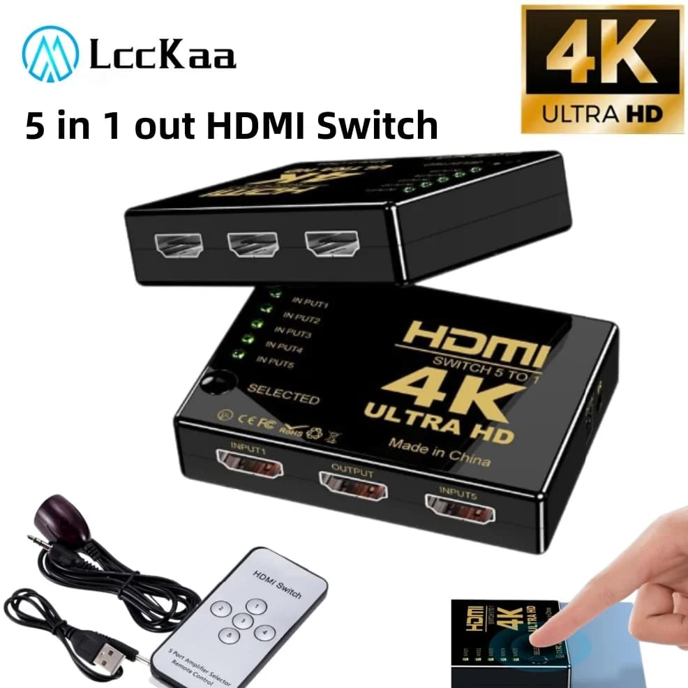 Commutateur HDMI 4K 5 ports d'entrée vers 1 sortie, commutateur vidéo Ultra HD avec télécommande et interrupteur à clé pour Smart Box/Ordinateur