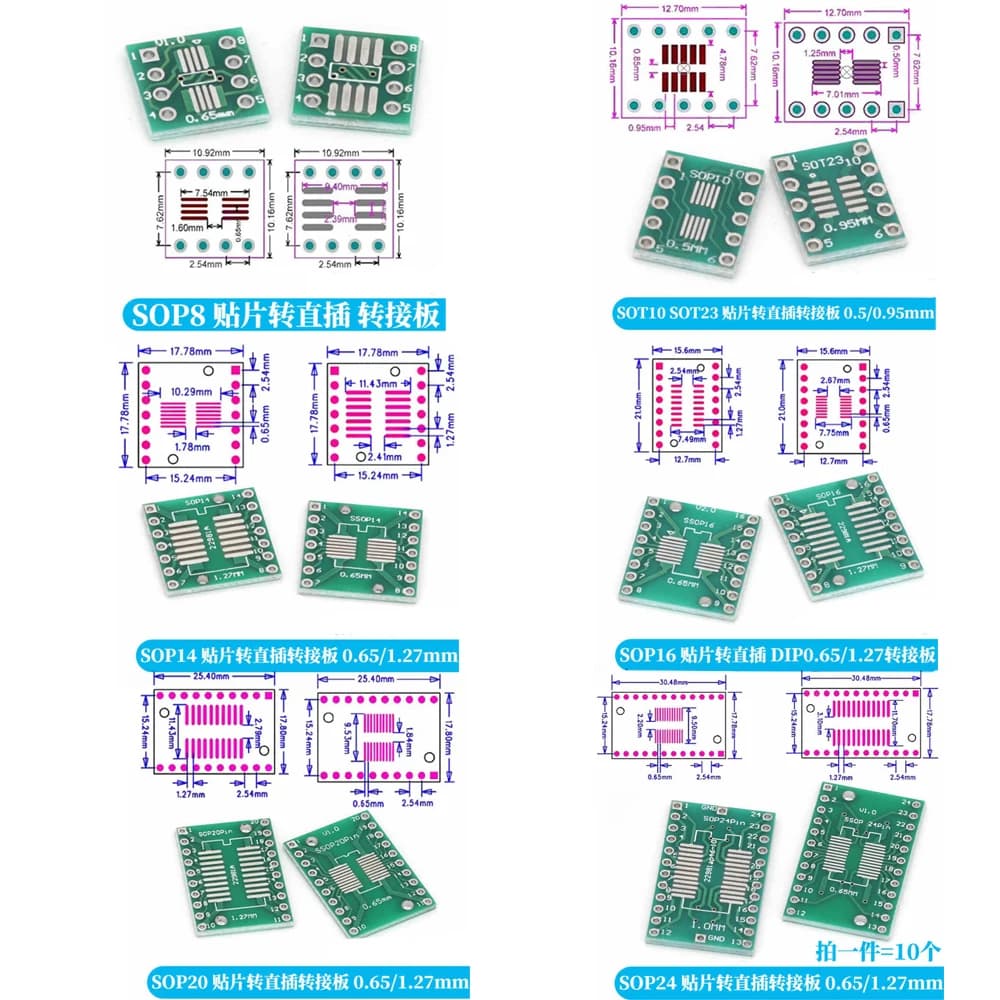 Javino – Kit de cartes PCB SMD, adaptateur tour vers DIP, plaque de convertisseur SOP MSOP SSOP TSSOP SOT23 8 10 14 16 20 28 SMT vers DIP, 10 à 100 pièces