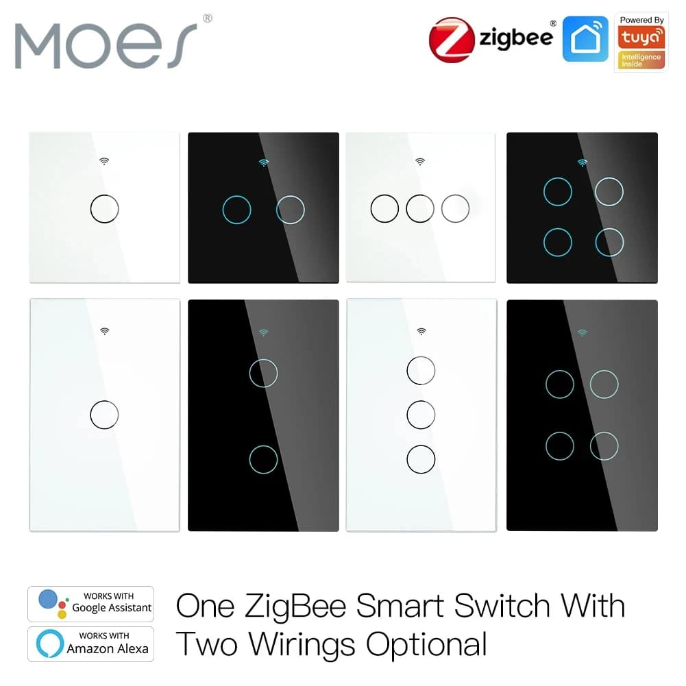 Moes ZigBee – interrupteur mural tactile intelligent, avec neutre/pas de neutre, sans condensateur, application Smart Life, commande vocale Tuya, Alexa Google