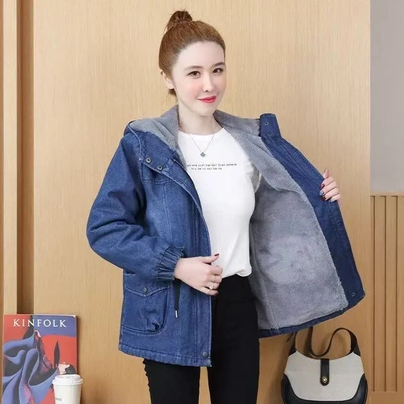 Manteau en jean à capuche en polaire pour femme d'âge mûr, coupe ample, cordon de serrage à la taille, épais et chaud, veste en coton pour l'hiver