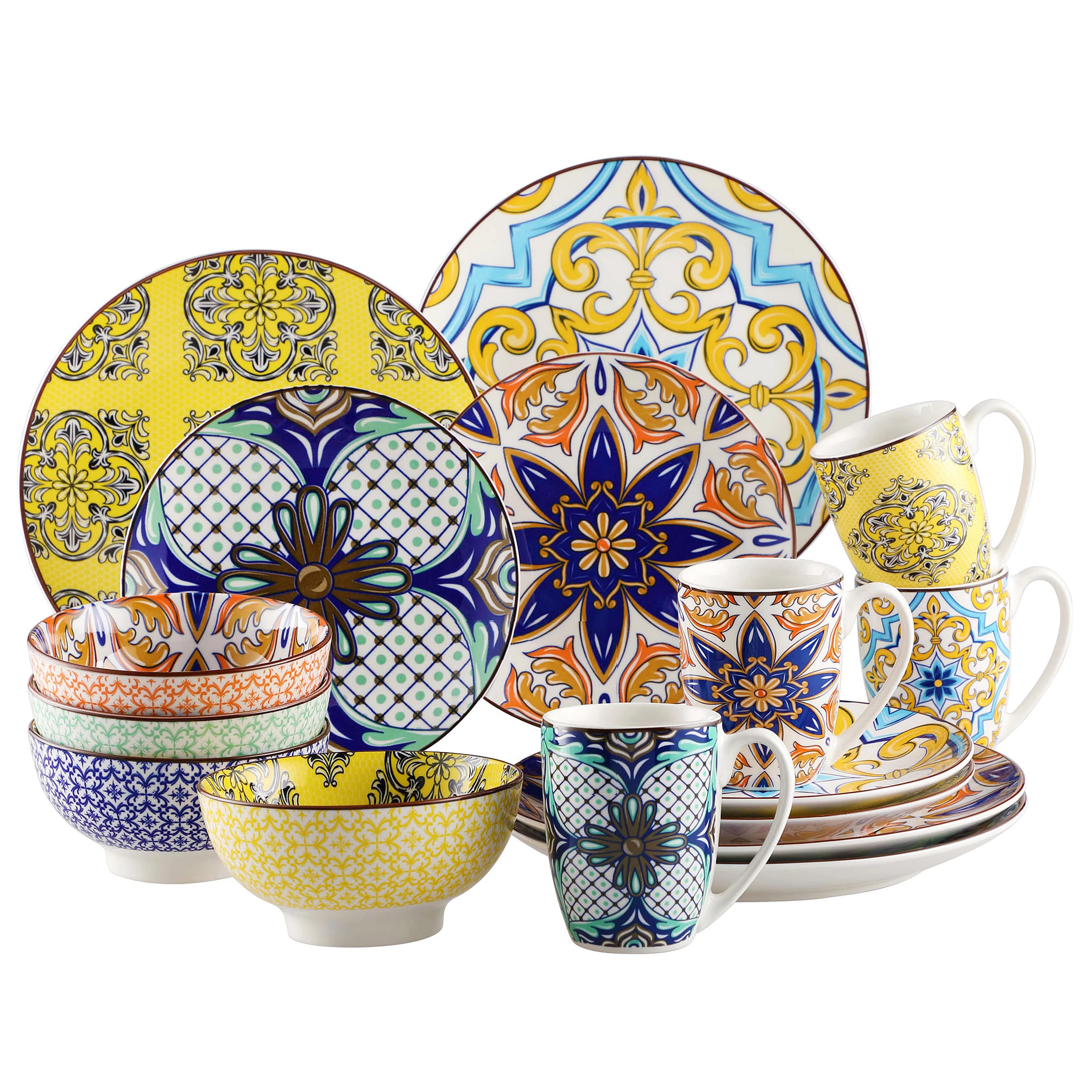 VANCASSO – Service de Table en Porcelaine à Motif Jasmine, Vaisselle avec Assiette à Dîner, Assiette à Dessert, Bol, Tasse, 16 32 48 Pièces