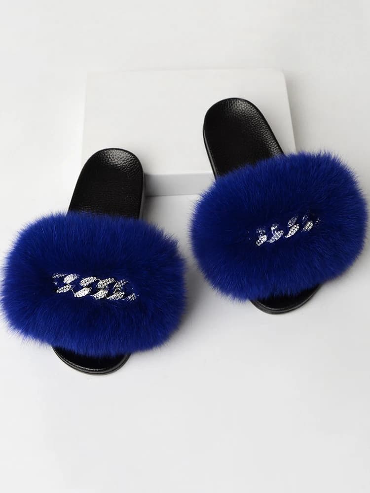 Pantoufles d'été en vraie fourrure de renard pour femmes, tongs d'intérieur duveteuses en peluche, sandales plates, chaussures de maison duveteuses, nouvelle collection