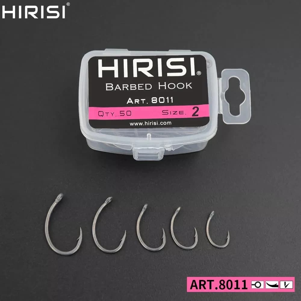 Hirisi 50-100 hameçons à barbelures en acier inoxydable à haute teneur en carbone, pour la pêche à la carpe, emballage avec boîte originale de vente au détail 8011