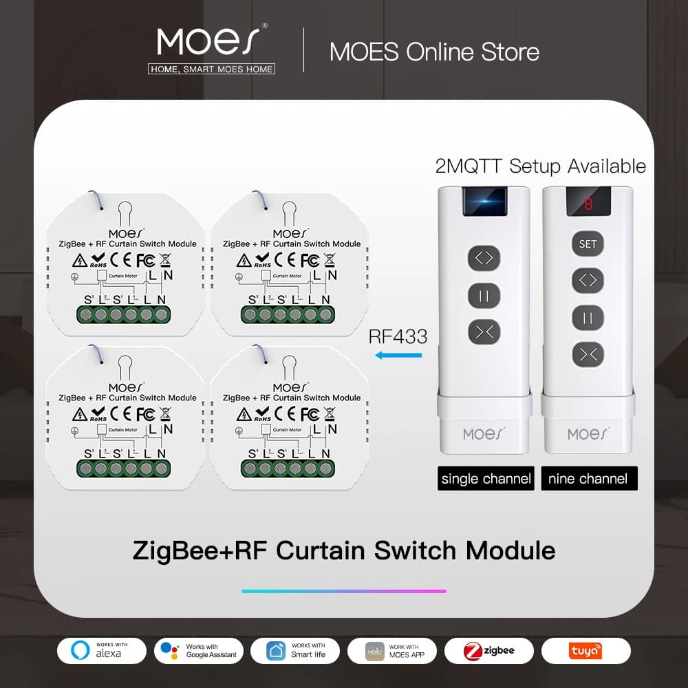Moes ZigBee Interrupteur Intelligent pour Volets Roulant, Module pour Rideaux Electriques Motorisés RF433, Moteur 2MQTT Smart Life, Compatible avec Application Alexa Google Home pour Store Motorisé