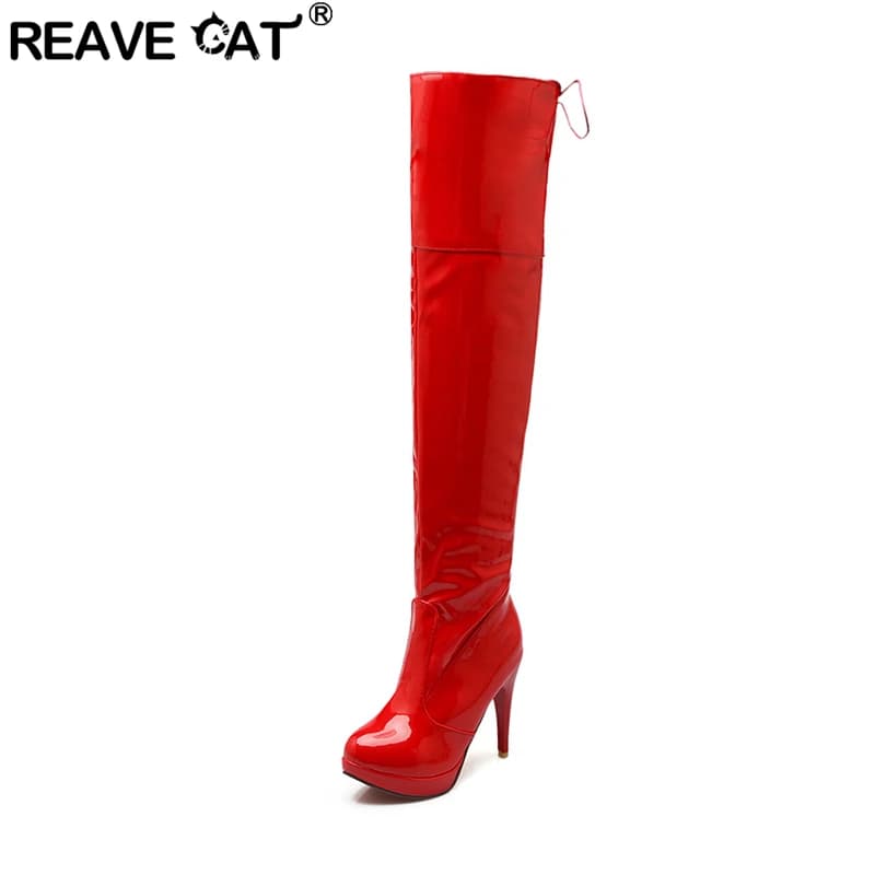 REAVE AY-Cuissardes sexy en cuir verni et velours, cuissardes rondes à lacets, plateforme 11cm, talon fin, US12, blanc, rouge, A4348, 2021