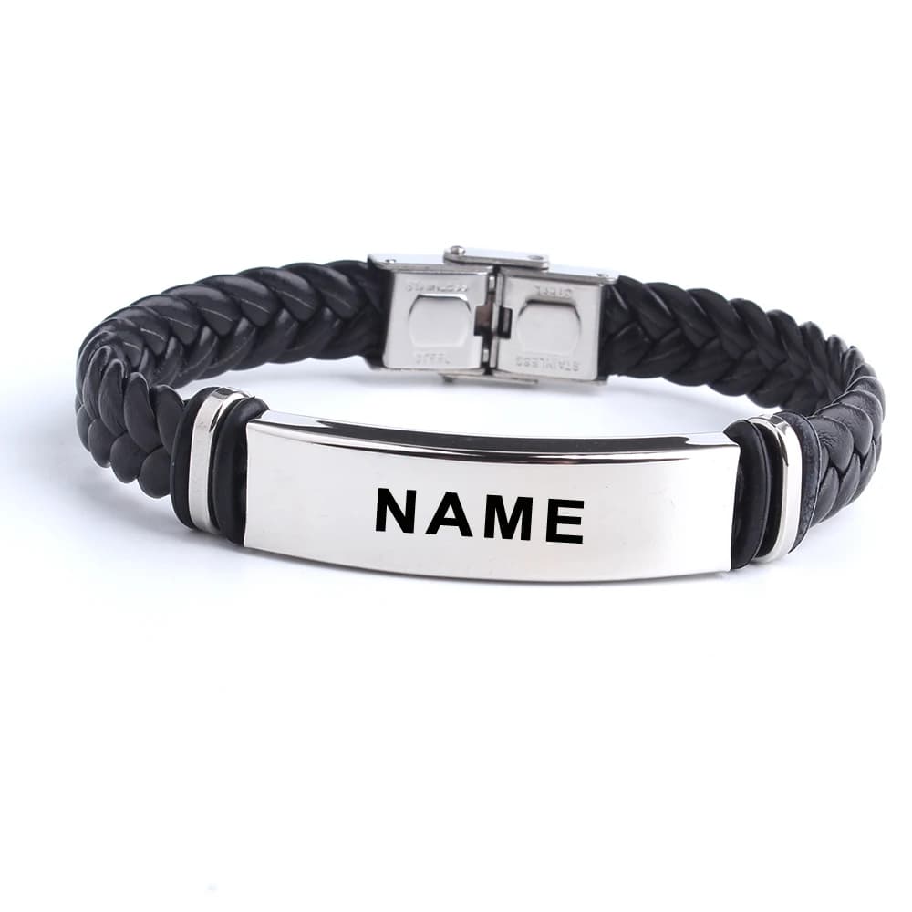 Bracelet en cuir et acier inoxydable personnalisé avec logo et texte gravés, style punk SOS, pour femmes et hommes, bracelet d'identification.