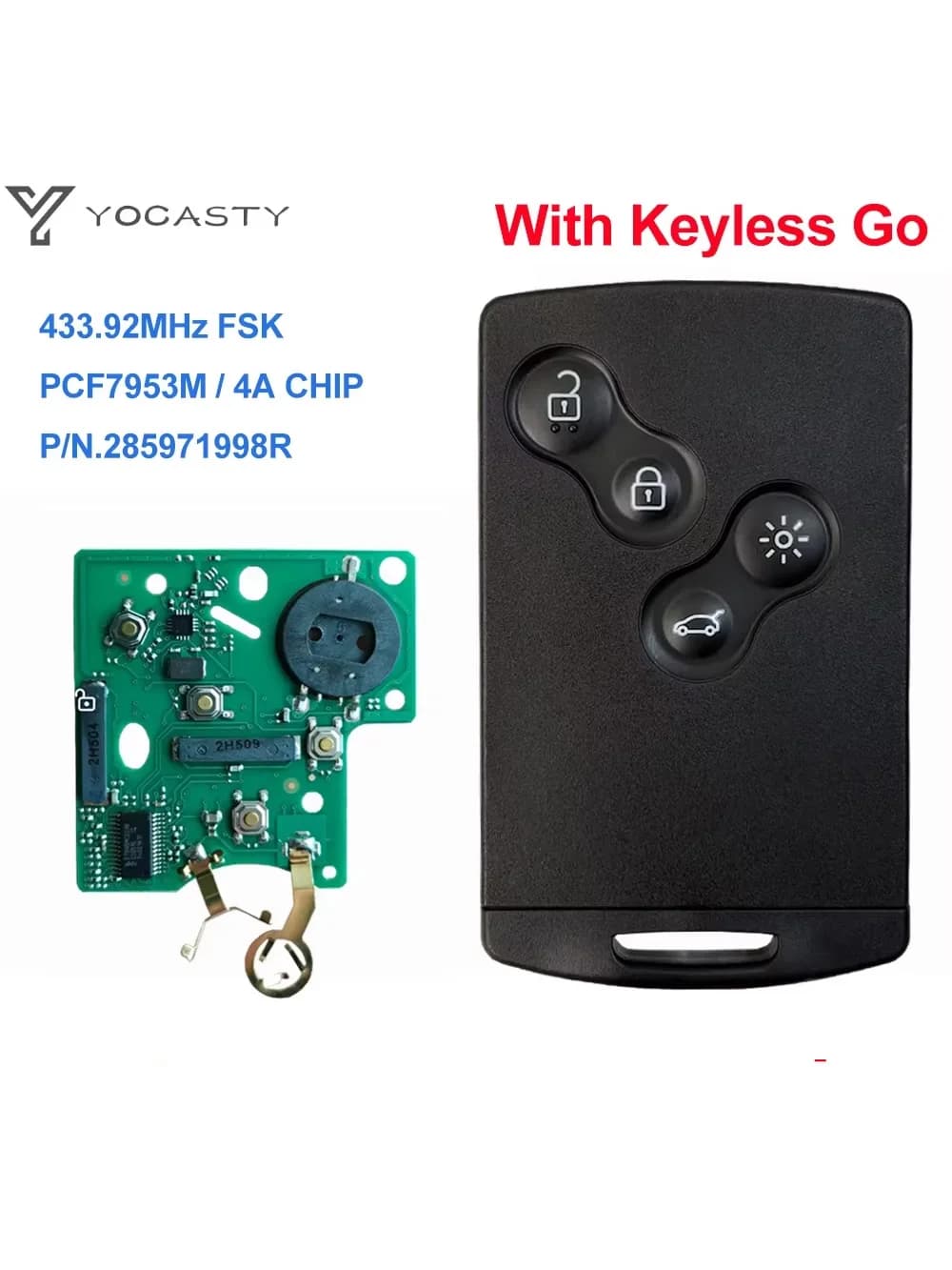 Clé intelligente sans clé YOCASTY 285971998R, puce 4A, 433 MHz, pour Renault Clio IV Captur 2009 2010 2011 2012 2013 2014 2015 2017
