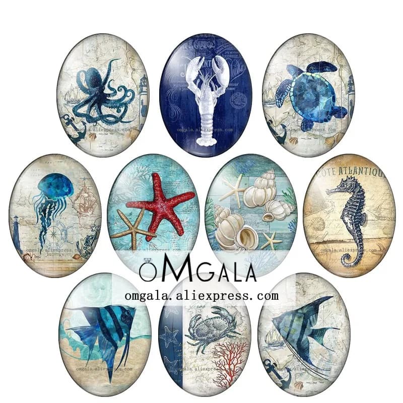 Cabochon Ovale en Verre avec Photo d'Animaux de Mer Vintage, Poisson, Hippocampe, Étoile de Mer, Coquillage 13x18mm/18x25mm/30x40mm