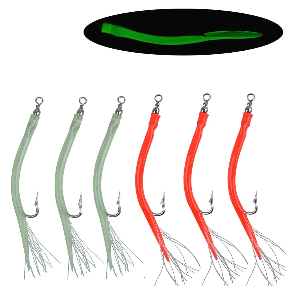 Hameçons de pêche à longue tige, leurre rayé pour la pêche au bar, crochet offset pour anguille de sable, Tube lumineux en Silicone, Flash Cod Teaser, plate-forme d'appâts, 6 pièces