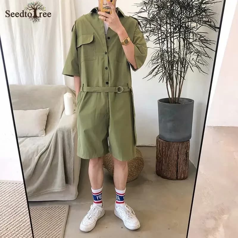 Combinaison d'été décontractée pour hommes, ensembles de style safari solide, revers à simple boutonnage, manches courtes, shorts à lacets trempés