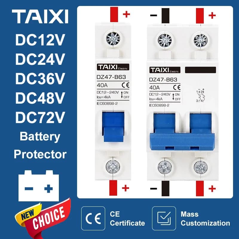 DC 12V 24V 48V 36V 72V MCB batterie voiture protecteur Mini disjoncteur DZ47 pôle positif et négatif Protection interrupteur isolateur