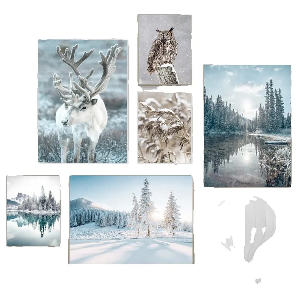 Toile d'art mural avec cerf, forêt, fleur, lac, neige, hibou, paysage d'hiver, affiches et imprimés nordiques, images murales, décoration de maison
