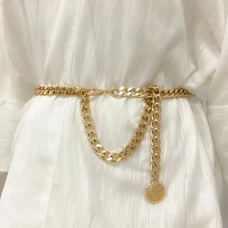 Ceintures de taille pour femmes, chaîne en métal, hanche haute, pendentif en argent doré, sangles à pompon, accessoires de luxe