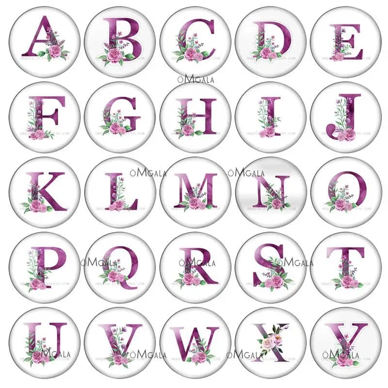 A-Z 26 lettres imprimées 8-30 MM fleurs violettes lettre cadeau d'anniversaire photo ronde cabochon en verre démo dos plat résultats de fabrication