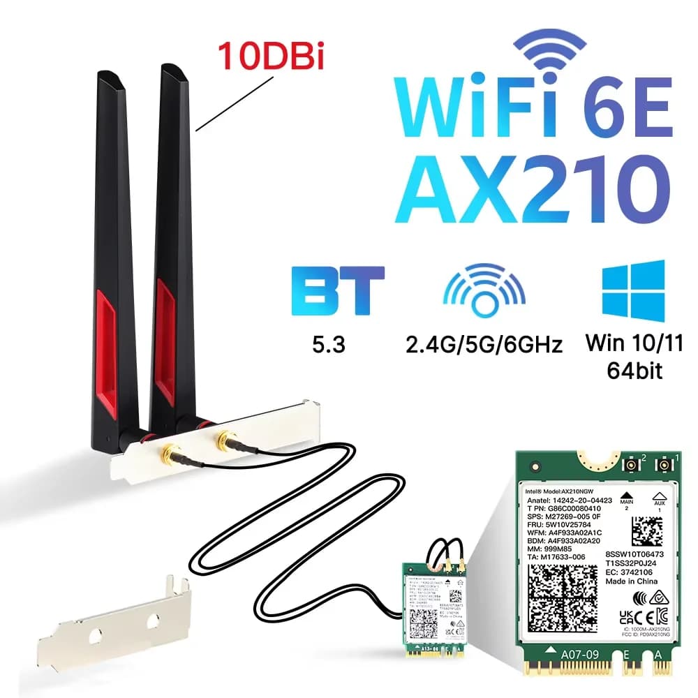Carte Wi-Fi 6E Intel AX210 802.11ax 5374 Mbps Bluetooth 5.3 MU-MIMO AX210NGW Kit de bureau Adaptateur Wi-Fi 2.4G/5G/6Ghz Win 10/11