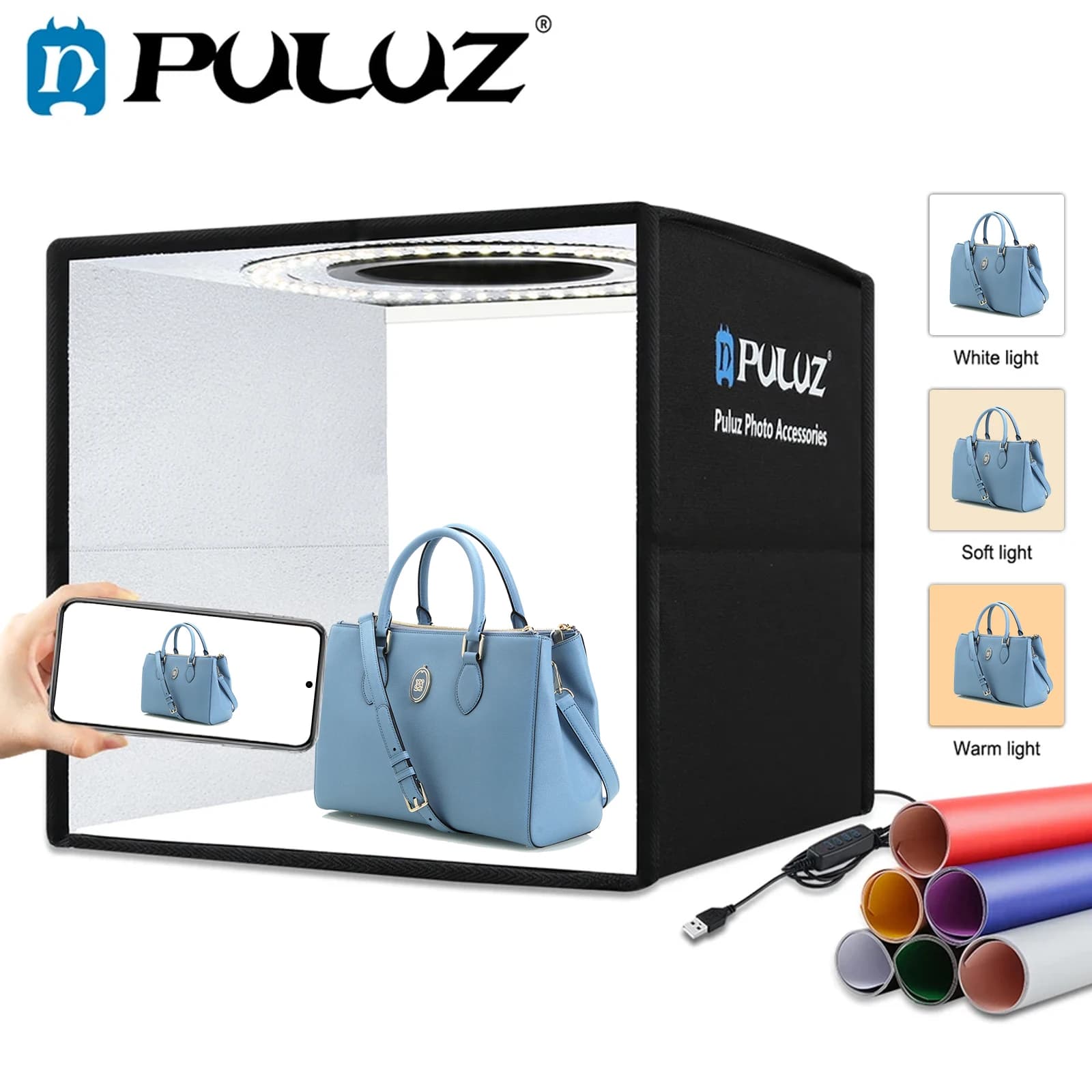 PULUZ Softbox, boîte à lumière avec 3 modes de couleur, boîte à lumière à intensité réglable, anneau lumineux LED, boîte d'éclairage photo, tente de studio pour prises de vue, 6 fonds de couleur.