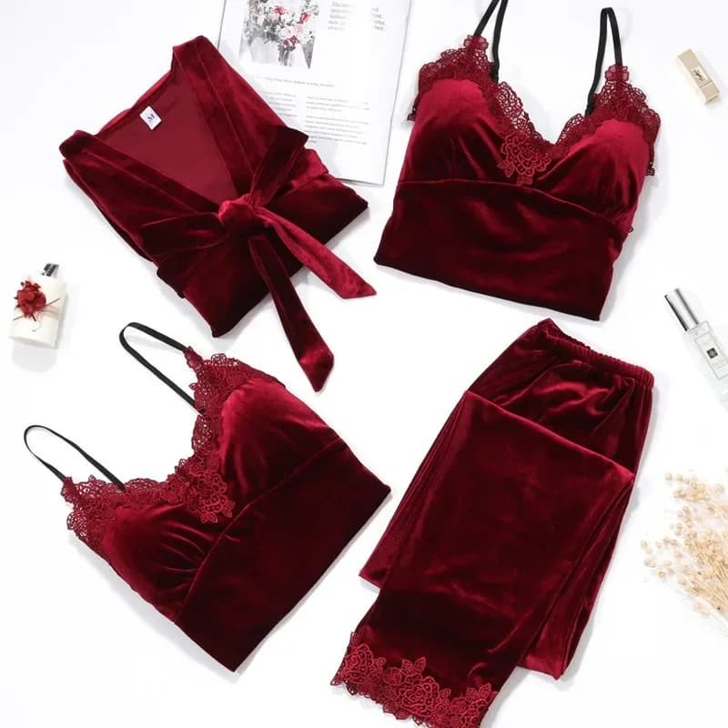 Automne velours femmes 4 pièces Pyjamas ensemble vêtements de nuit bordeaux velours peignoir vêtements de nuit dentelle Patchwork Pijamas costume Sexy déshabillé