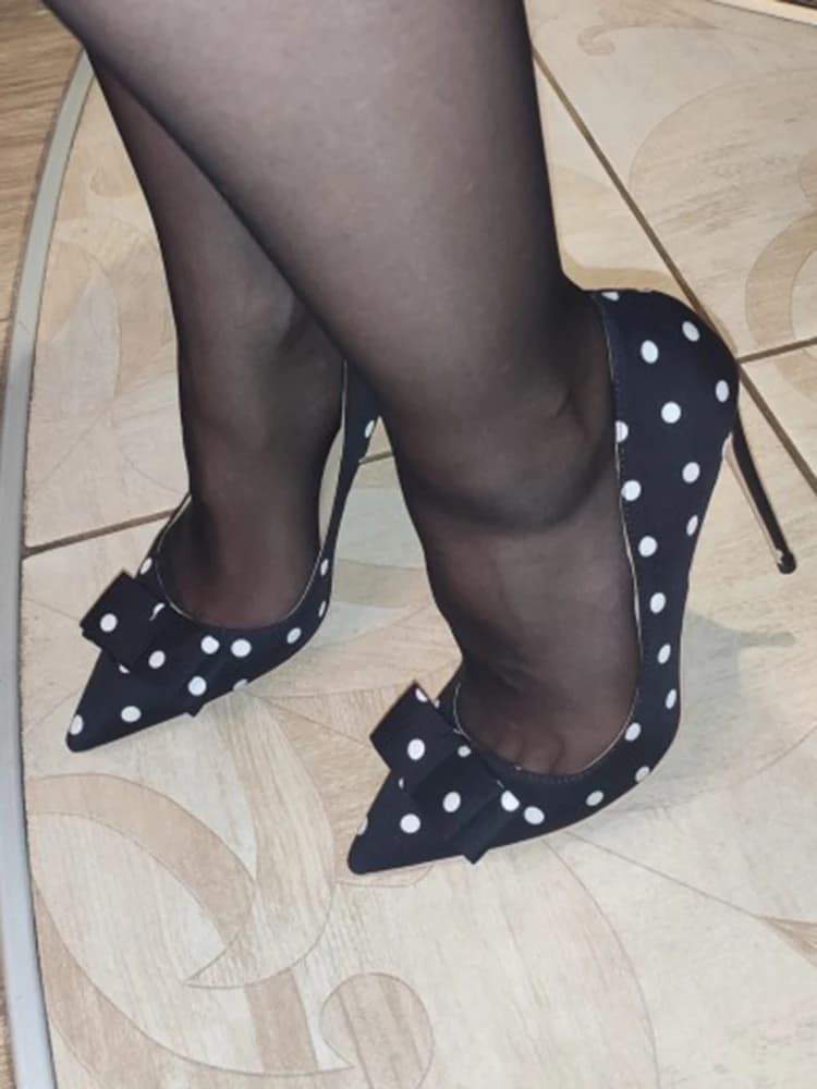 Veowalk-Escarpins en satin à pois pour femmes, chaussures de soirée élégantes pour dames, talon aiguille Parker, nœud papillon, noir, 8cm, 10cm, 12cm