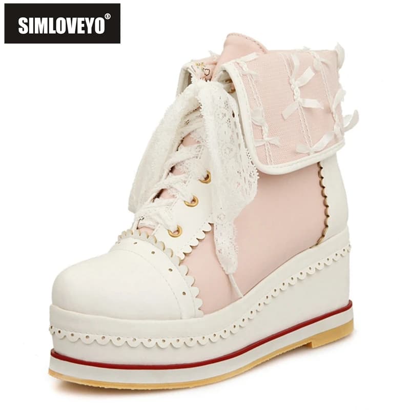 SIMLOVEYO 2021 doux bottines Lolita Appliques plates-formes à lacets couleur Cosplay chaussures épaisses rose Beige rouge A4523