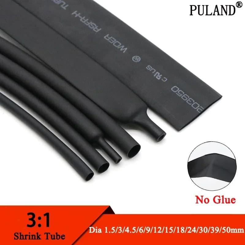 Tube thermorétractable sans colle, 1M de diamètre 1.5 ~ 50mm, rapport 3:1, enveloppe de fil étanche, manchon de câble isolé doublé noir