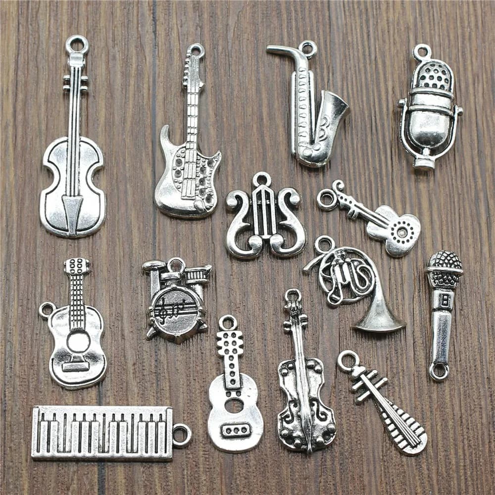 Breloques pour Instrument de musique, antiques, couleur argent, guitare, Microphone, violon, corne française, pour la fabrication de bijoux, 10 pièces