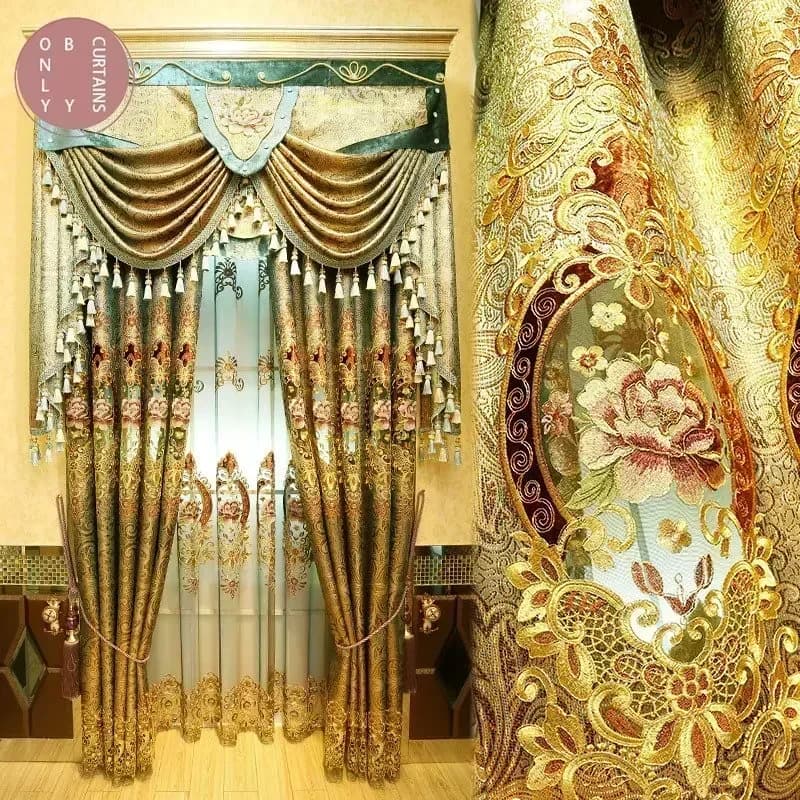 Rideaux en velours évidés brodés dorés pour salon, rideaux de séparation de chambre à coucher, tube de cantonnière de villa personnalisé