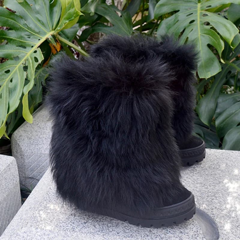 Bottes de neige en fourrure de renard véritable noir et blanc tendance, semelle intérieure compensée de 8 cm, bottes mi-hautes, bottes d'hiver entièrement en fourrure, bottines pour femme