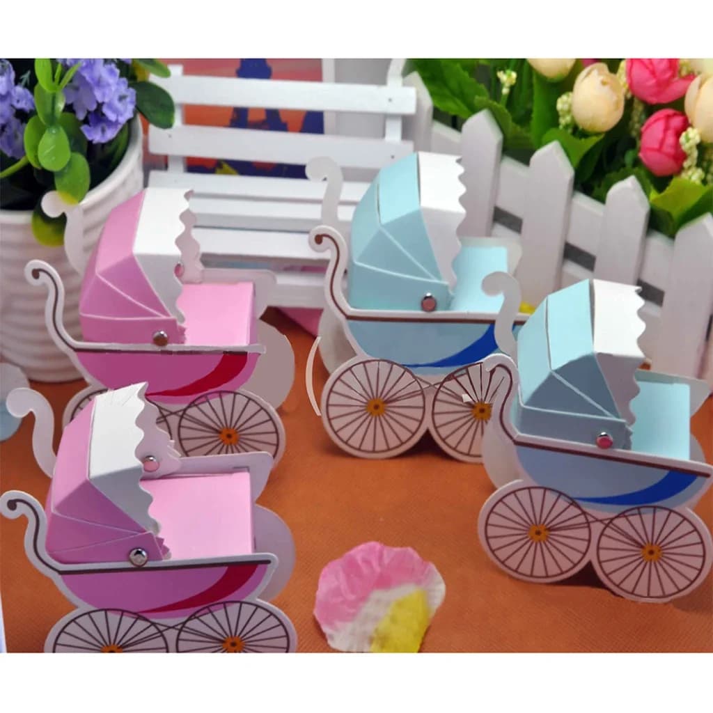 Boîte à bonbons créative en forme de poussette pour baptême, fête de naissance, ou anniversaire de bébé (garçon ou fille)