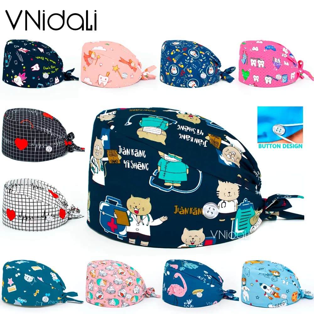 Masques d'animaux de compagnie impression avec bouton gommage casquettes chirurgie gommages chapeau chirurgical chapeau femmes et hommes salle d'opération chapeau casquette vétérinaire