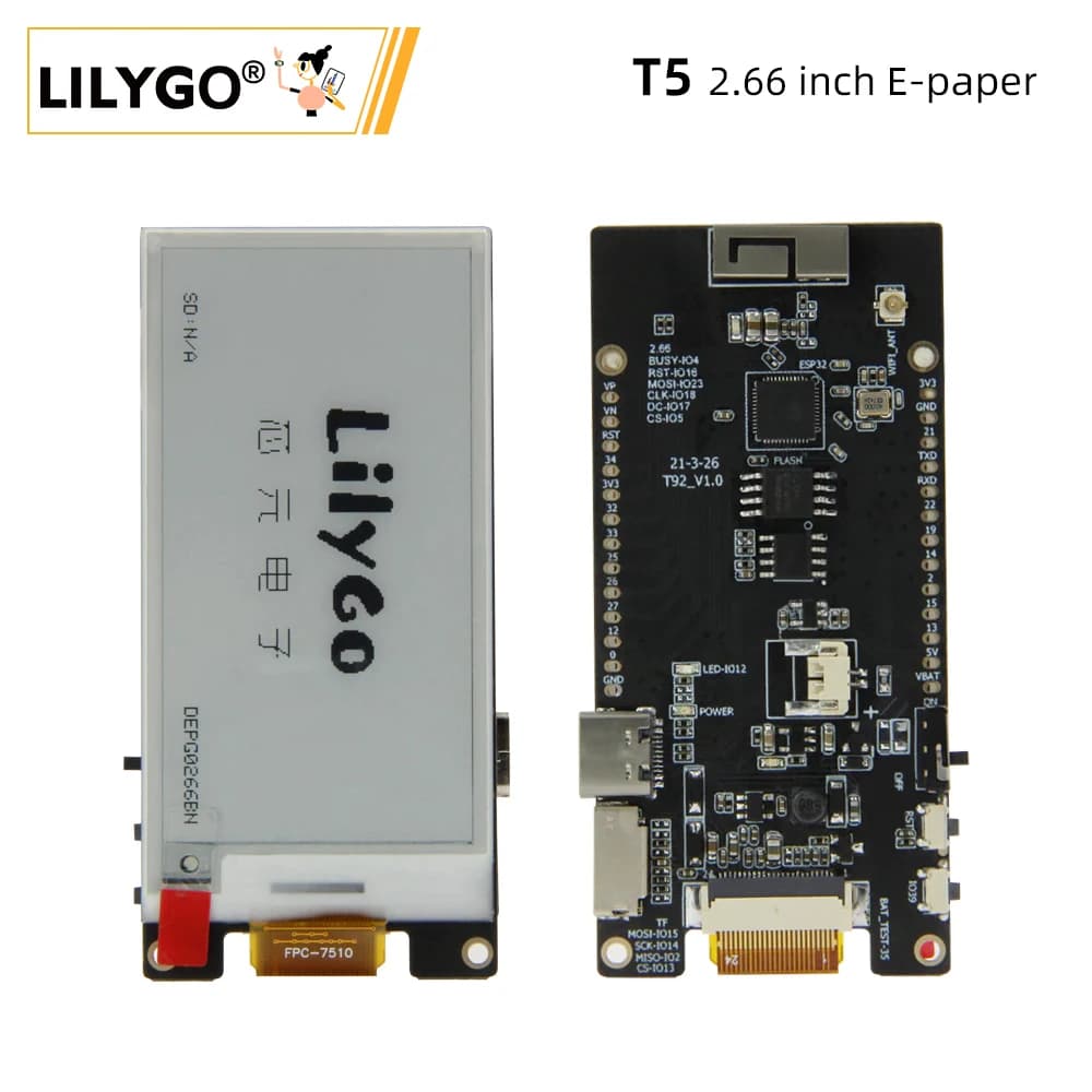 LILYGO® TTGO T5 2.66-Inch E-Paper – Module d'affichage de papier électronique ESP32 de 2.66 pouces, avec Wi-Fi, Bluetooth, Compatible T-U2T USB vers TTL, téléchargement pour Arduino