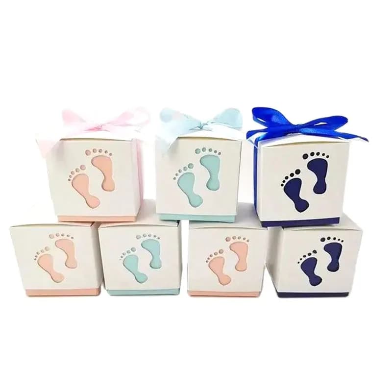Boîte à bonbons pour pieds de bébé, 50/100 pièces, chariot de réception-cadeau pour bébé, sac en papier doux, empreintes de pas, boîtes à cadeaux de fête, conteneur de baptême, boîte-cadeau