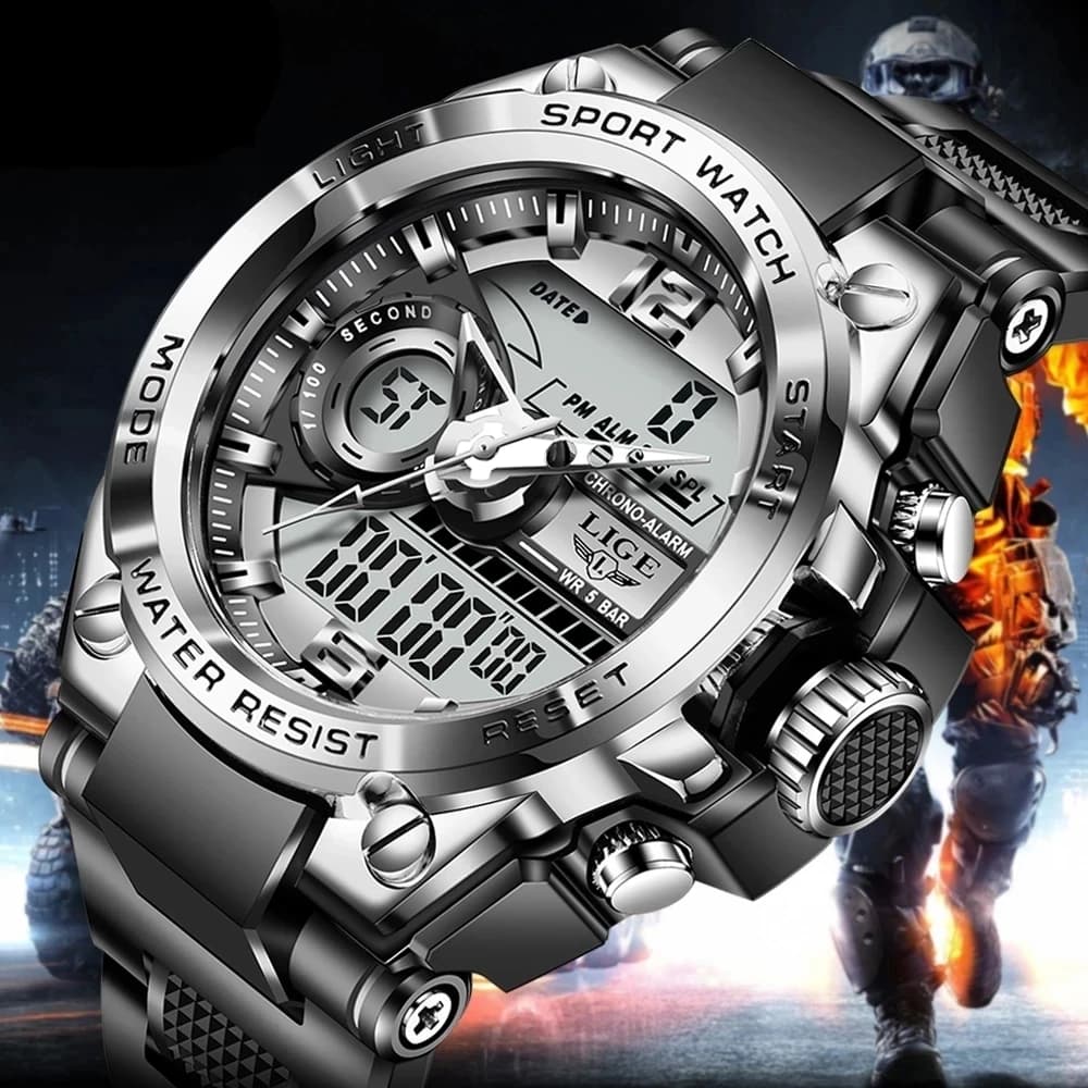 LIGE numérique hommes montre militaire 50m étanche montre-bracelet LED Quartz horloge Sport montre mâle grandes montres hommes Relogios Masculino