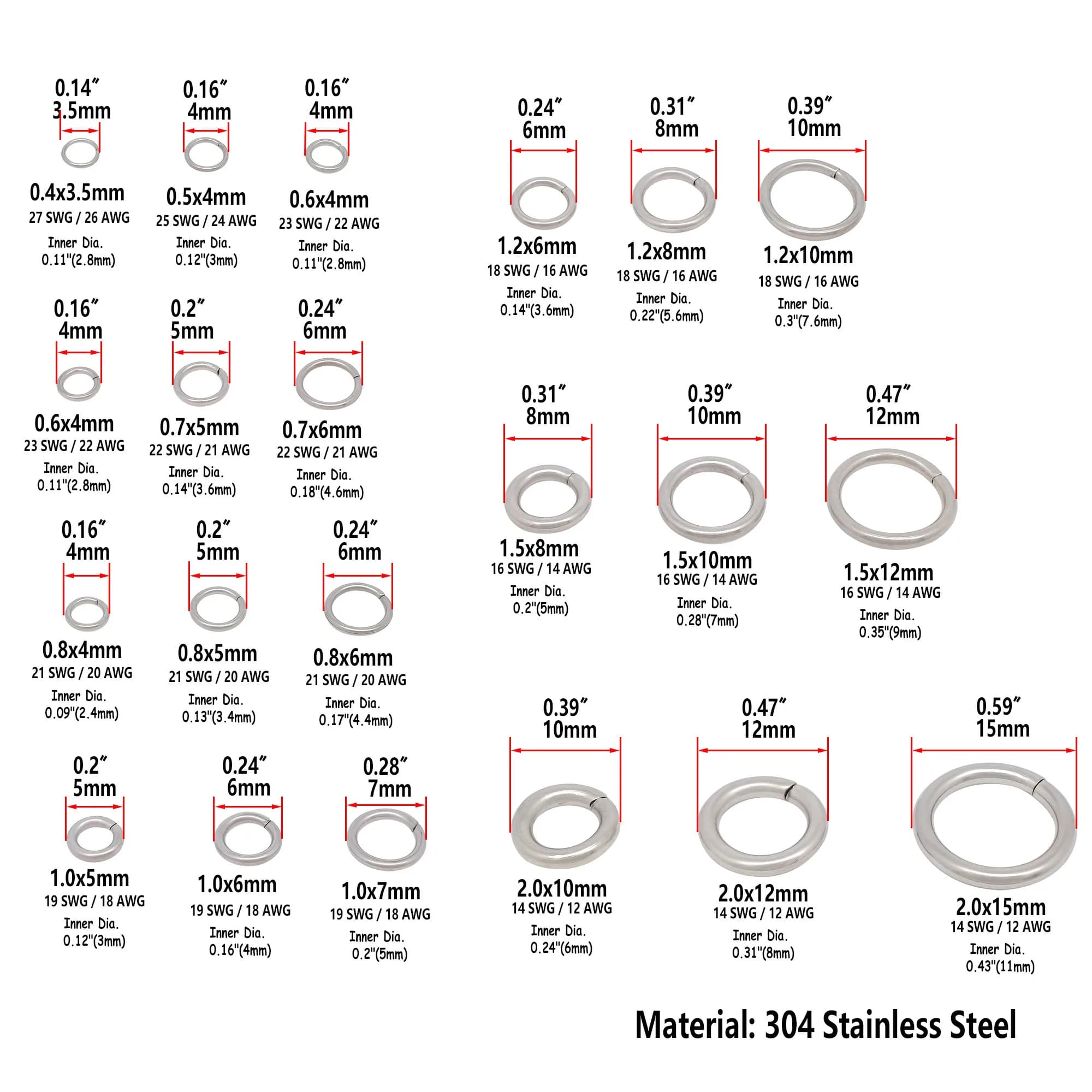 Anneaux de jonction ronds en acier inoxydable Buck de 4 mm, 5 mm, 6 mm, 7 mm, 8 mm, 9 mm, 10 mm, 12 mm, 15 mm pour colliers, boucles d'oreilles, bracelets et bijoux