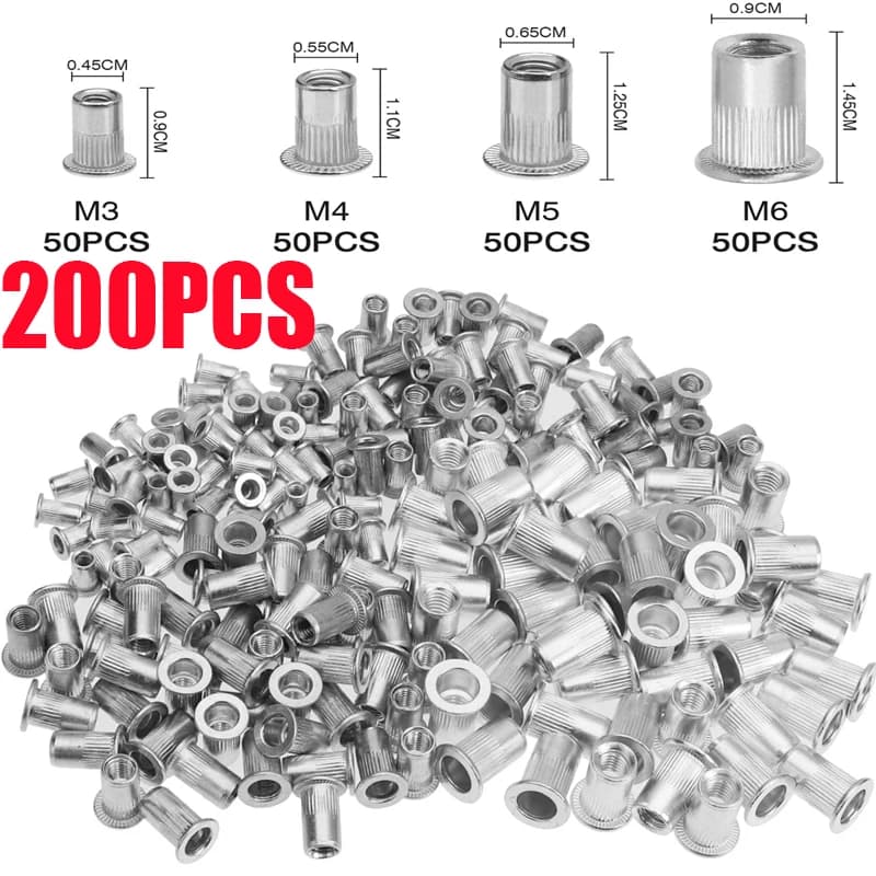 Jeu d'écrous à rivets en aluminium, 200 pièces, capuchon d'écrou à insérer fileté, écrous à rivets à tête plate, Kit d'assortiment aveugle M3 M4 M5 M6