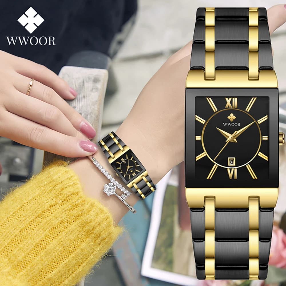 WWOOR-Montre à quartz carrée étanche en acier inoxydable pour femme, montre-bracelet, noir, or, japonais, marque supérieure, mode